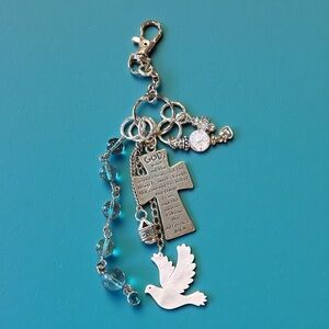 Vintage Teal and Silver Toned Faith Bagchain  with Dove, Rhinestones, and Cross